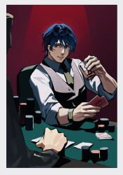  1boy black_jacket black_vest blue_hair card chair collared_shirt cup dark_background drinking_glass elbow_on_table erhuazi917 formal_clothes ginga_eiyuu_densetsu hair_between_eyes hand_on_table hand_up highres holding holding_card holding_cup ice ice_cube jacket looking_to_the_side male_focus necktie on_chair playing_card poker poker_chip poker_table red_background shirt short_hair simple_background sitting sleeves_rolled_up smile solo_focus spotlight table upper_body vest watch watch white_shirt yang_wen-li yellow_necktie 