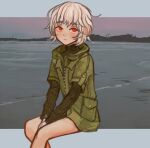  1girl androgynous beach between_legs closed_mouth dusk expressionless hand_between_legs hood hood_down invisible_chair io_(onisarashi) layered_sleeves long_sleeves looking_at_viewer ocean original outdoors outside_border own_hands_together pocket red_eyes scenery shore short_hair short_over_long_sleeves short_sleeves sitting solo turtleneck water white_hair zipper_pull_tab 