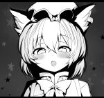  1girl animal_ear_fluff animal_ears ascot blush cat_ears chen greyscale hat letterboxed looking_at_viewer mizuga mob_cap monochrome open_mouth solo star_(symbol) touhou 