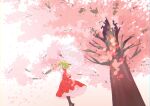  1girl absurdres black_footwear boots cherry_blossoms commentary from_behind green_eyes green_hair highres holding holding_umbrella kanta_(pixiv9296614) kazami_yuuka knee_boots looking_ahead no_mouth parasol puffy_sleeves red_skirt red_vest shirt short_hair skirt solo touhou tree umbrella vest white_shirt wide_shot 