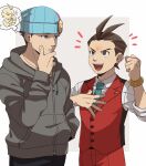  2boys ace_attorney antenna_hair apollo_justice apollo_justice:_ace_attorney beanie blue_headwear blue_necktie bracelet brown_eyes brown_hair clenched_hand collared_shirt facial_hair grey_hoodie hand_in_pocket hand_on_own_chest hand_on_own_chin hat hood hood_down hoodie jewelry long_sleeves male_focus multiple_boys necktie open_mouth pants phoenix_wright red_pants red_vest shirt short_hair smile standing thought_bubble vest wahootarou white_shirt 