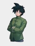  1boy black_eyes black_hair closed_mouth crossed_arms dragon_ball dragon_ball_super dragon_ball_super_super_hero grey_background kemachiku long_sleeves male_focus simple_background solo son_goten spiky_hair upper_body 