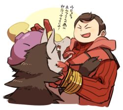  1boy brown_hair closed_eyes gloves happy koffing male_focus mightyena open_mouth petting pokemon pokemon_(creature) pokemon_oras red_gloves ribbed_sweater short_hair sweater tabitha_(pokemon) translation_request upper_body white_background yow 