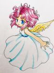  1girl absurdres angel angel_wings blue_eyes chibi curly_hair dress harpy_(puyopuyo) highres hio-sazanami looking_at_viewer madou_monogatari pink_hair puyopuyo short_hair simple_background smile solo traditional_media white_background white_dress wings yellow_wings 