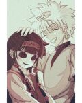  1boy 1other affectionate blunt_bangs creepy_eyes emoticon enoki_(gongindon) hair_ornament hairband happy headpat hollow_eyes hunter_x_hunter japanese_clothes killua_zoldyck long_sleeves male_child male_focus nanika_(hunter_x_hunter) short_hair siblings simple_background smile smiley_face spiky_hair white_hair 