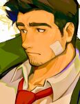  1boy ace_attorney bandaid bandaid_on_cheek bandaid_on_face brown_eyes brown_hair closed_mouth collared_shirt dick_gumshoe facial_hair frown jacket looking_to_the_side male_focus messyinklines necktie shirt short_hair sideburns solo stubble upper_body 