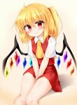  1girl ahoge ascot blonde_hair blush breasts fang fang_out flandre_scarlet hair_between_eyes hands_on_lap highres knees_together_feet_apart light_smile looking_at_viewer marukyuu_ameya medium_hair no_headwear red_eyes sitting skin_fang skirt skirt_set small_breasts solo thighs touhou v_arms wings 