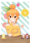  1girl bare_shoulders blonde_hair breasts chiyoda_momo collarbone doll hair_bun hair_ribbon highres hinatsuki_mikan kuramoto_takato lemonade looking_at_viewer machikado_mazoku orange_eyes ribbon small_breasts smile solo sweater upper_body yellow_sweater yoshida_yuuko_(machikado_mazoku) 