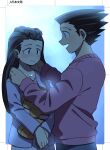  1boy 1girl ace_attorney black_hair blush braid closed_mouth hands_on_another&#039;s_shoulders hetero iris_(ace_attorney) jewelry long_hair long_sleeves looking_at_another necklace open_mouth own_hands_together phoenix_wright phoenix_wright:_ace_attorney_-_trials_and_tribulations putting_on_jewelry short_hair smile spiky_hair wahootarou 