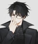  1boy black_eyes black_hair black_jacket closed_mouth collared_shirt glasses highres jacket kiyukyuu long_sleeves male_focus omniscient_reader&#039;s_viewpoint shirt short_hair simple_background solo white_background yoo_joonghyuk 