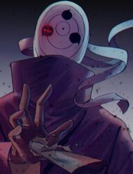  1boy chakra_rod glowing glowing_eye hand_up looking_at_viewer mangekyou_sharingan mask masked naruto naruto_(series) naruto_shippuuden non-web_source rinnegan shaded_face sharingan strap uchiha_obito uchiha_robe 