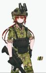 1girl binoculars black_gloves camouflage camouflage_pants camouflage_shirt closed_mouth collared_shirt color_guide commentary_request dress_shirt gloves green_headwear green_pants green_shirt grey_background gun hair_between_eyes hand_on_hip helmet highres holding holding_gun holding_weapon long_hair original pants red_eyes redhead scope shirt short_sleeves simple_background smile solo tuzik10 very_long_hair weapon weapon_request 
