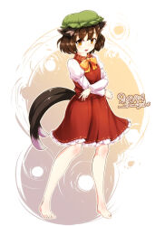  1girl 2018 animal_ears bare_legs barefoot brown_eyes brown_hair cat_ears cat_tail chen commentary_request dated dress frilled_dress frilled_hat frills furim green_hat hat highres looking_at_viewer medium_hair multicolored_dress nekomata red_dress tail toes touhou white_background white_dress yellow_background 
