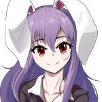  1girl animal_ears closed_mouth collarbone commentary highres ja_moth long_hair purple_hair rabbit_ears rabbit_girl red_eyes reisen_udongein_inaba simple_background smile solo symbol-only_commentary touhou upper_body white_background 