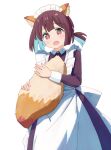  1girl alternate_costume animal_ear_fluff animal_ears apron black_dress blue_hair brown_hair commentary_request dress enmaided fox_ears fox_tail frilled_apron frills highres holding_own_tail hozuki_momiji kemonomimi_mode long_sleeves looking_at_viewer maid maid_apron maid_headdress multicolored_hair onii-chan_wa_oshimai! open_mouth simple_background solo tail tetesudeesu two-tone_hair white_background 