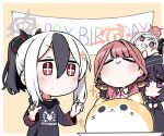  4girls :d absurdres animal_print aru_(blue_archive) b.t._(boob_tong) banner birthday_cake black_hair blue_archive blunt_bangs cake cat_print commentary_request demon_girl demon_horns ear_piercing english_text food garrison_cap grey_hair grin hair_between_eyes hair_ornament hairclip halo happy_birthday haruka_(blue_archive) hat highres horns kayoko_(blue_archive) long_hair long_sleeves multicolored_hair multiple_girls mutsuki_(blue_archive) piercing plate pointy_ears ponytail red_eyes redhead short_hair short_hair_with_long_locks side_ponytail sidelocks simple_background smile sparkle two-tone_hair violet_eyes white_hair 