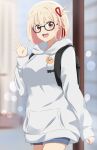  1girl :d backpack bag bespectacled black-framed_eyewear blonde_hair blue_shorts blush bob_cut casual commentary_request cowboy_shot dars_(recolors) glasses hair_ribbon highres hood hoodie long_sleeves looking_at_viewer lycoris_recoil nishikigi_chisato open_mouth red_eyes red_ribbon ribbon short_hair shorts sleeves_past_wrists smile solo standing teeth upper_teeth_only utility_pole waving white_hoodie 