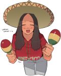  1girl blush brown_hair commentary facial_hair hat instrument maracas mexico mustache ohasi original pants shirt simple_background solo sombrero spanish_text symbol-only_commentary white_background 