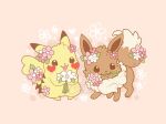  2others :3 blush_stickers daisy eevee floral_background flower flower_in_mouth hair_flower hair_ornament heart holding holding_flower multiple_others orange_background pikachu pokemon pokemon_(creature) samantha_whitten smile tail tail_flower tail_ornament watermark 