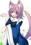  1girl :d animal_ear_fluff animal_ears black_bow black_bowtie blue_kimono bow bowtie commentary_request fang highres japanese_clothes kimono long_sleeves looking_at_viewer open_mouth paw_pose pink_hair red_eyes saigyouji_yuyuko short_hair smile solo sunaguma tail touhou upper_body white_background wide_sleeves 