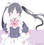  1girl akiba_maid_sensou animal_ears apron artist_name black_dress black_hair blush bow dress fake_animal_ears highres long_hair looking_at_viewer maid maid_headdress mizuki_toko pig_ears pink_bow short_sleeves simple_background sketch smile solo thigh-highs twintails violet_eyes white_thighhighs yumechi_(akiba_maid_sensou) 