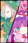  1boy 1girl ana_(rznuscrf) blue_eyes blush bow closed_eyes feli_(puyopuyo) gloves green_gloves green_headwear grey_hair heart lemres_(puyopuyo) puyopuyo red_bow smile violet_eyes 