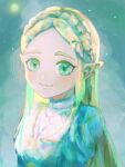  1girl absurdres blonde_hair braid commentary_request crown_braid green_eyes hair_ornament hairclip highres kiirou_(yellowu) long_hair pointy_ears portrait princess_zelda smile solo the_legend_of_zelda the_legend_of_zelda:_breath_of_the_wild upper_body 