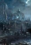  absurdres architecture bridge building castle cathedral church city cityscape clouds commentary concept_art dark_souls_(series) dark_souls_iii english_commentary european_architecture fantasy flying_buttress fog gothic gothic_architecture highres house moonlight night no_humans outdoors river road scenery sky stairs statue tower window 