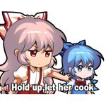  2girls blue_bow blue_eyes blue_hair bow cirno commentary dot_mouth english_commentary english_text fujiwara_no_mokou hair_bow ice ice_wings jokanhiyou let_him_cook_(meme) long_hair lowres meme multiple_girls pants red_eyes red_pants shirt short_hair simple_background suspenders touhou white_background wings 