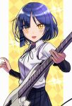  1girl :d absurdres bass_guitar blue_hair blush bocchi_the_rock! collared_shirt hair_ornament highres holding holding_instrument instrument long_sleeves looking_at_viewer medium_hair neck_ribbon open_mouth ribbon shirt silverchariotx skirt smile solo white_shirt yamada_ryou yellow_eyes 