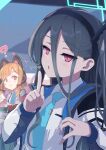  &lt;key&gt;_(blue_archive) 2girls :3 ? absurdly_long_hair animal_ear_headphones animal_ears black_hair blue_archive blunt_bangs blurry breast_pocket cat_ear_headphones collared_shirt commentary_request depth_of_field fake_animal_ears finger_to_mouth hair_between_eyes hair_ribbon halo headphones highres hood hooded_coat hooded_jacket index_finger_raised jacket long_hair long_sleeves looking_at_viewer momoi_(blue_archive) multiple_girls necktie one_side_up open_clothes open_jacket parted_bangs parted_lips pocket red_eyes ribbon school_uniform shirt short_hair sidelocks solo_focus suspenders translation_request tress_ribbon very_long_hair violet_eyes yucblossom 