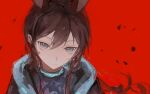  1girl amiya_(arknights) animal_ears arknights black_hair blue_eyes closed_mouth lch long_hair looking_at_viewer rabbit_ears red_background simple_background solo upper_body 