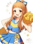  1girl :d artist_name blue_shirt blue_skirt blunt_bangs blush bow braid brown_eyes brown_hair cheerleader crop_top cross-laced_clothes hair_ribbon highres holding holding_pom_poms ichihara_nina idolmaster idolmaster_cinderella_girls idolmaster_cinderella_girls_starlight_stage idolmaster_cinderella_girls_u149 long_hair looking_at_viewer mmmakaron888 navel open_mouth pleated_skirt pom_pom_(cheerleading) ponytail ribbon shirt simple_background skirt sleeveless smile solo sparkle star_(symbol) white_background 