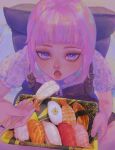  1girl absurdres blunt_bangs chair chopsticks commentary_request food from_above highres holding holding_chopsticks holding_plate indian_style kiirou_(yellowu) open_mouth original overall_shorts overalls pink_hair plate sashimi sidelocks sitting solo sushi violet_eyes 