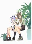  2girls :/ adapted_costume arknights black_footwear black_shorts black_socks blush brown_hair brown_shirt chinese_commentary closed_mouth commentary_request cup dress feather_hair full_body glasses green_shirt grey_footwear holding holding_cup kumo_ryuun long_sleeves looking_at_viewer mug multiple_girls orange_eyes orange_socks plant potted_plant ptilopsis_(arknights) semi-rimless_eyewear shirt shoes short_hair shorts silence_(arknights) simple_background sitting sleep_bubble sleeveless sleeveless_dress socks two-tone_shirt white_background white_dress white_hair yellow_eyes 