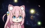  1girl animal_ear_fluff animal_ears blue_eyes bocchi_the_rock! cat_ears cat_girl cat_tail commentary_request cube_hair_ornament gotou_hitori hair_between_eyes hair_ornament jacket meme mitya one_side_up open_mouth pink_hair pink_jacket sidelocks solo space space_cat_(meme) tail track_jacket twitter_username upper_body 