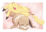  closed_eyes eevee fluffy hand_on_own_chest highres ibusaki_(ivu) no_humans parted_lips pikachu pokemon pokemon_(creature) pokemon_on_tail simple_background sleeping twitter_username zzz 