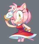  1girl amy_rose animal_ears animal_nose artist_name bare_shoulders blush bracelet breasts dress eyelashes furry furry_female gloves gold_bracelet green_eyes grey_background hairband hand_up hedgehog_ears hedgehog_girl hedgehog_tail highres jewelry kiioki11 looking_at_viewer medium_breasts one_eye_closed pink_fur red_dress red_hairband simple_background sleeveless sleeveless_dress smile solo sonic_(series) standing tail teeth v white_gloves 