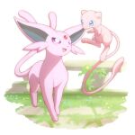  :d blue_eyes bright_pupils commentary_request espeon grass happy highres mew_(pokemon) monaka_(hc_pkmn) no_humans open_mouth pokemon pokemon_(creature) smile standing tongue violet_eyes white_pupils 