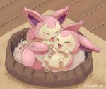 carpet closed_eyes fluffy hands_up highres ibusaki_(ivu) legs_up licking licking_another&#039;s_face lying no_humans on_back on_stomach open_mouth pet_bed pokemon pokemon_(creature) skitty smile tongue tongue_out twitter_username wooden_floor 