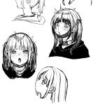  1girl blood blush collar constricted_pupils cropped_shoulders crying crying_with_eyes_open ear_piercing expressionless expressions greyscale hair_down hood hoodie kuaru_(okamokomon) long_hair looking_at_viewer mask mask_pull monochrome mouth_mask multiple_views nosebleed open_mouth original piercing saliva simple_background sketch surgical_mask surprised tears two_side_up 