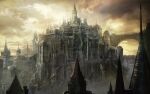  arch architecture bridge building castellation castle cathedral city cityscape commentary concept_art dark_souls_(series) dark_souls_iii dome english_commentary european_architecture fantasy flying_buttress gothic_architecture highres medieval scenery sky spire stairs stone_stairs tower 