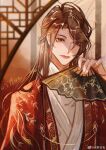  1boy chinese_clothes earrings hand_fan hanfu highres holding holding_fan jewelry long_hair long_sleeves looking_at_viewer male_focus qiang_jin_jiu shen_lanzhou smile solo upper_body wide_sleeves 
