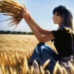 1girl anime anime_coloring black_hair black_shirt blue_eyes focus_on_item jeans long_hair manywatermelon picking_up picking_wheat smile solo wheat wheat_field wheat_picking