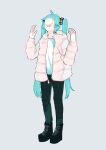  1girl ahoge aqua_hair aqua_nails baozi black_footwear black_pants boots commentary covered_face cross-laced_footwear down_jacket facing_up food food_on_face grey_background hair_ornament hands_up hatsune_miku highres jacket kaimo_(mi6kai) lace-up_boots long_hair nail_polish open_mouth pants shirt solo twintails very_long_hair vocaloid white_jacket white_shirt 