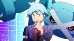  1boy artist_name black_jacket black_sclera blue_eyes blue_hair closed_mouth colored_sclera copyright_name hand_on_own_chin highres jacket jewelry kuroki_shigewo long_sleeves metagross necktie pokemon pokemon_(creature) pokemon_(game) pokemon_rse red_eyes red_necktie ring shirt short_hair smile steven_stone v-shaped_eyebrows white_shirt 