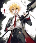  ! 1girl :d black_coat black_pants blonde_hair blood blood_on_clothes blood_on_face blood_on_hands coat collared_shirt don_quixote_(limbus_company) high-waist_pants highres holding holding_polearm holding_weapon lance limbus_company long_sleeves necktie open_mouth pants polearm project_moon red_necktie remsrar shirt shirt_tucked_in short_hair smile solo speech_bubble spoken_exclamation_mark sticker two-sided_coat weapon white_shirt yellow_eyes 