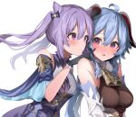  2girls bare_shoulders blue_hair blush breasts detached_sleeves dress genshin_impact hair_between_eyes large_breasts long_hair looking_at_another looking_to_the_side medium_breasts mizuki_ryuu multiple_girls open_mouth ponytail purple_hair shadow smile straight_hair twintails white_background 
