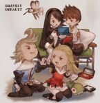  2boys 3girls :o agnes_oblige ahoge airy_(bravely_default) armor armored_dress black_gloves black_hair blonde_hair blue_eyes blue_shirt boots bow bravely_default:_flying_fairy bravely_default_(series) brown_eyes brown_hair butterfly_wings chibi copyright_name couch dress edea_lee elbow_gloves fairy fairy_wings faulds full_body fur_trim gloves hair_bow hairband handheld_game_console highres holding holding_handheld_game_console irono16 long_hair long_sleeves minigirl multiple_boys multiple_girls nintendo_3ds on_couch on_floor open_mouth pillow pompadour pushing_away red_dress ringabel shirt short_hair sitting smile stuffed_toy sweatdrop thigh_boots tiz_arrior wings 