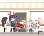  5girls absurdres airi_(blue_archive) anger_vein animal_ears b.t._(boob_tong) black_hair black_jacket blonde_hair blue_archive blunt_bangs cat_ears cat_girl chibi colored_inner_hair commentary_request crossed_arms extra_ears food food-themed_hair_ornament full_body green_eyes hair_between_eyes hair_ornament hair_ribbon head_bump highres hood hooded_jacket ice_cream ice_cream_cone ice_cream_hair_ornament jacket kazusa_(blue_archive) laughing long_hair long_sleeves low_twintails multicolored_hair multiple_girls natsu_(blue_archive) open_clothes open_jacket pink_hair pleated_skirt red_eyes red_jacket reisa_(blue_archive) ribbon school_uniform serafuku short_hair side_ponytail sidelocks sitting skirt standing star_(symbol) star_hair_ornament striped striped_thighhighs thigh-highs twintails two-tone_hair two_side_up violet_eyes yoshimi_(blue_archive) zettai_ryouiki 